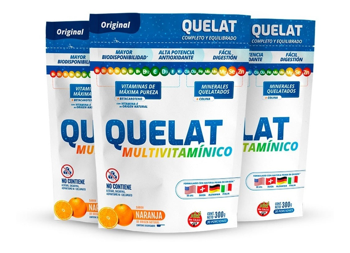 3 Pak Quelat Orange Multivitamin: Premium Organic Chelated Minerals & High Purity Vitamins (300g/10.58oz each Doypack)