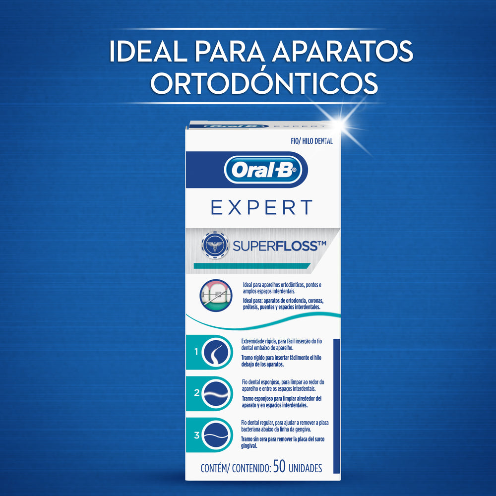 Oral-B Expert Super Floss Dental Floss - 50 Units for Braces, Crowns, Prosthetics - Wax-Free, Mint Flavor